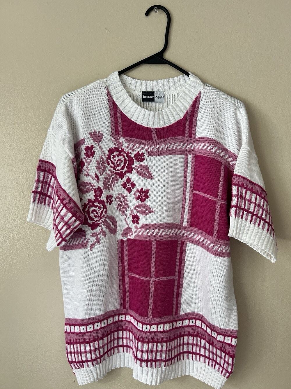 Vintage 80s Beldoch Popper Floral Knit Short Sleeve Sweater Top White Pink M/L